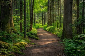 path through green forest in summer with moss,  foliage, trees and grass vegetation. Ecology and harmony with nature. Deforestation issue.