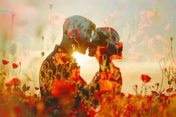 couple man and woman kissing in poppy red flowers meadow double exposure. Romantic love, dating apps and relationships at sunset