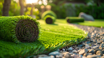 Natural Grass Turfs Rolling Over Inside Residential Backyard. Landscaping Industry Job