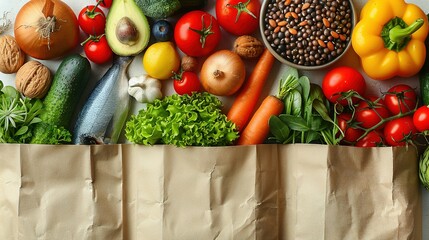   A brown bag brimming with diverse fruit and veggies adjoins another brown bag containing various...