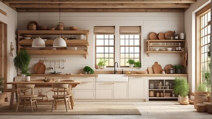 3D render of a farmhouse kitchen interior frame mockup