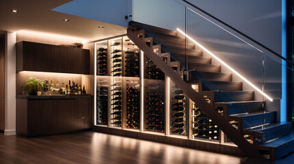 A sleek home staircase with white steps and a steel cable railing, featuring a built-in wine rack underneath and accent lighting along the sides.