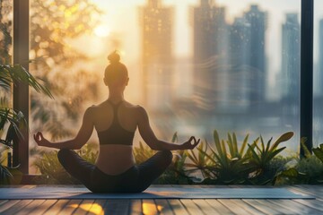 woman practicing yoga at home or studio sitting in lotus position asana with skyscrapers big city view at sunrise or sunset