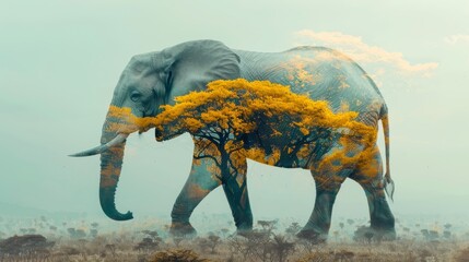 Elephant and Savanna Landscape in Artistic Double Exposure