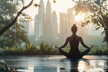 woman practicing yoga at home or studio sitting in lotus position asana with skyscrapers big city view at sunrise or sunset