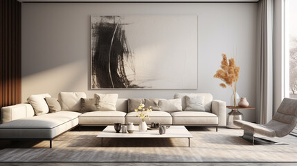 A sleek living room in shades of gray and white, with a glossy white coffee table, a textured area rug, and a large abstract painting on the wall.