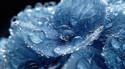   Blue flower in close-up, droplets on petals against black backdrop