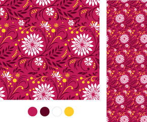 seamless floral pattern on burgundy background as vector continuous background for background