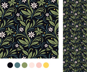 seamless floral pattern on dark background as vector continuous background for background