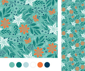 seamless floral pattern on emerald background as vector continuous background for background