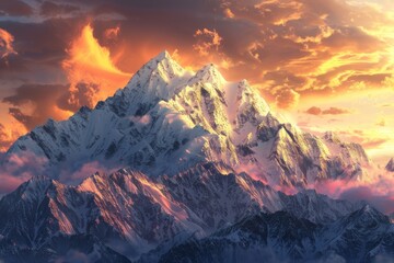 Obraz premium awe inspiring beauty of mountains with snow peaks at sunrise aerial view poster