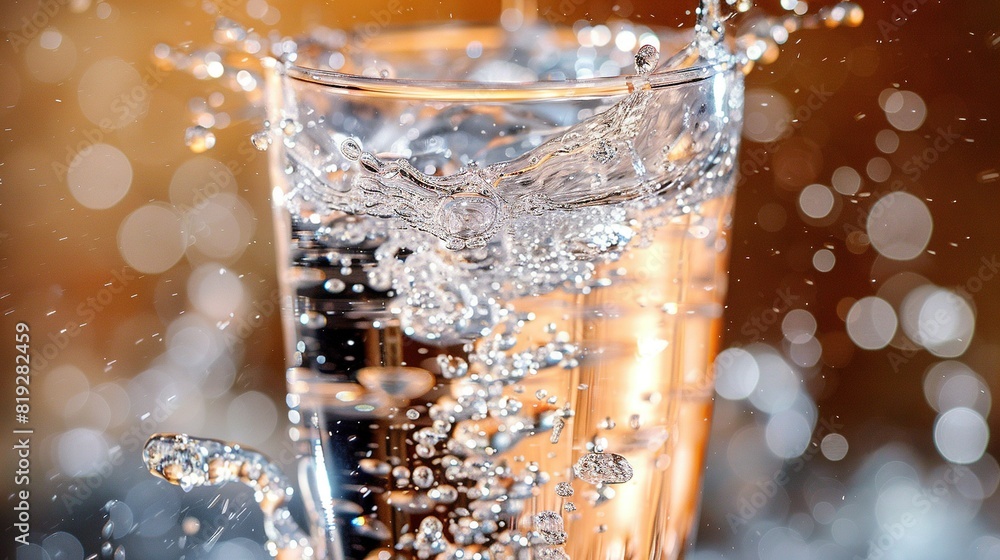 Canvas Prints   A macro shot of a transparent glass filled with carbonated water and tiny water drops clinging to its base