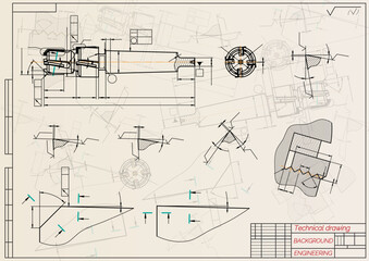 Mechanical engineering drawings on sepia background. Tap tools, borer. Technical Design. Cover. Blueprint. Vector illustration.