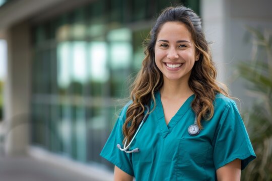 hispanic  female nurse intern doctor standing near clinic, smiling in green blue scrubs uniform copy space left