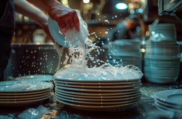 Chef Pouring Water on Plates in Kitchen