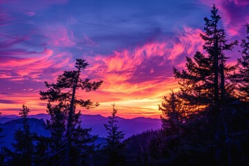 breathtaking sunset with burning clouds in sky with tree silhouette 