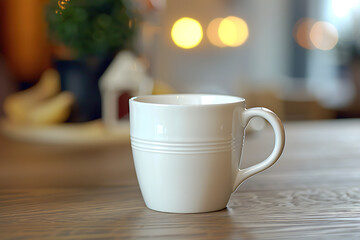 White ceramic cup on wooden table. Teacup, a ceramic mug, porcelain cup, with handle for mockup in the cafe. AI generated