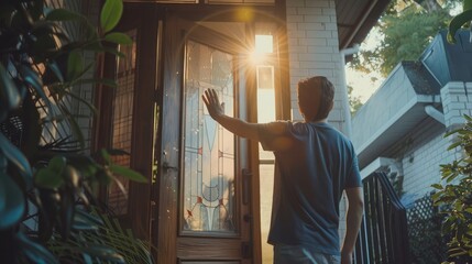 At the front door, a man waves to his boyfriend who is leaving for work, depicting a touching moment in their morning routine, full of everyday love. Guy waving to a boyfriend