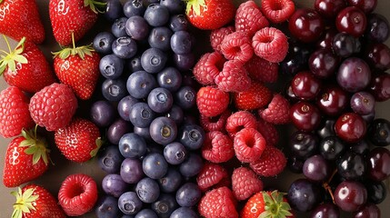   A line of berries, including raspberries and blueberries, is displayed in rows