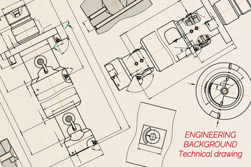 Mechanical engineering drawings on sepia background. Tap tools, borer. Technical Design. Cover. Blueprint. Vector illustration.