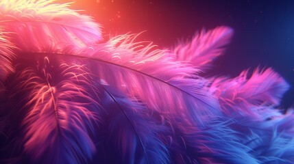 Fototapeta premium A close-up of a pink and blue feather against a black background with a red light illuminating it in the background
