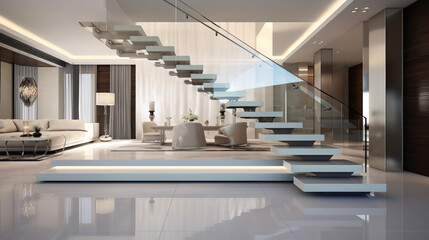 A sleek staircase with white steps and risers, accompanied by a glass partition and a stainless...