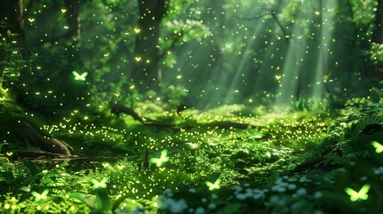 An enchanted glen bathed in the ethereal light of neon fireflies, their delicate wings casting patterns of light upon the forest floor.
