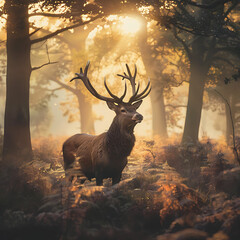 deer in the forest at sunset