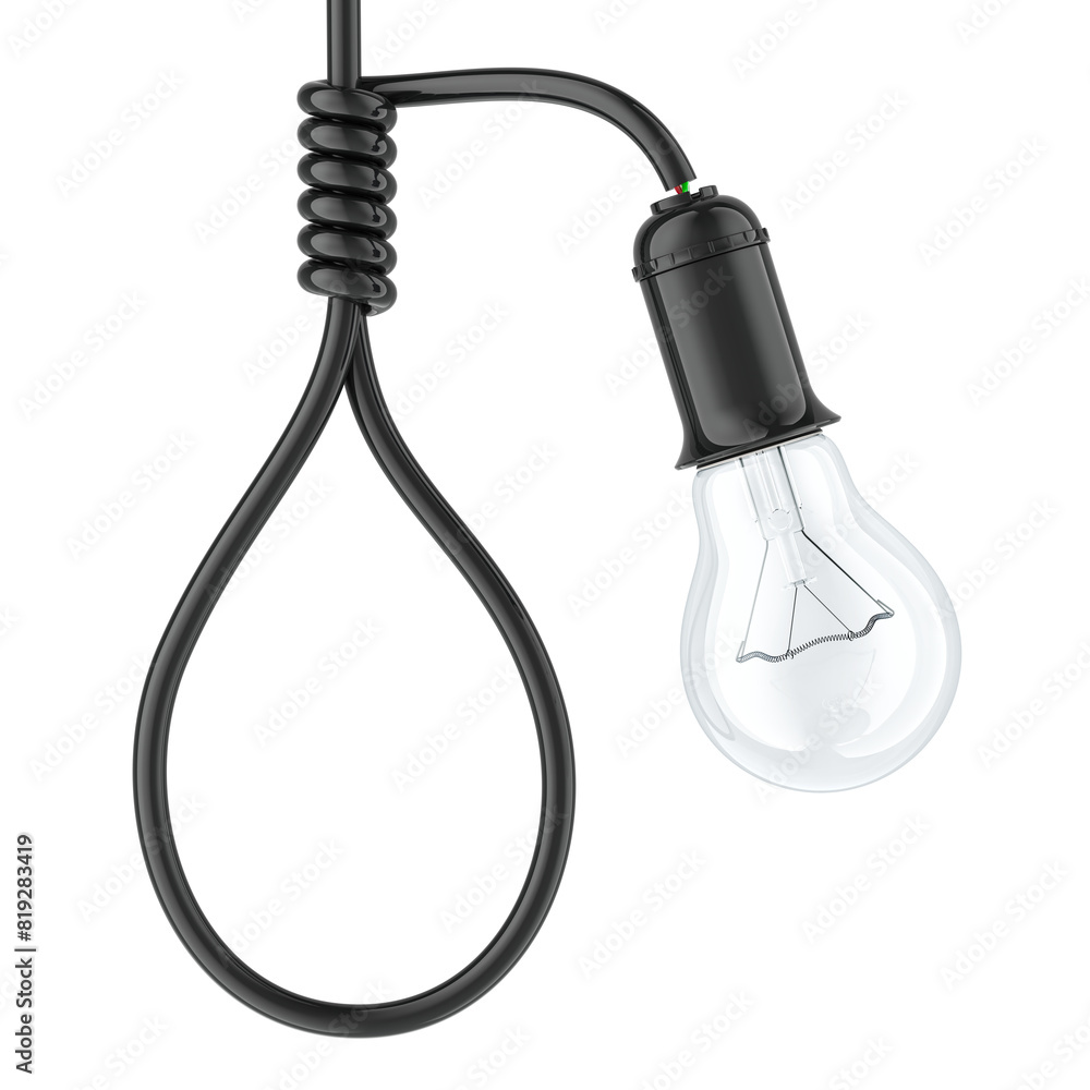 Poster light bulb with noose, hangmans knot from cable with lightbulb. 3d rendering isolated on transparent