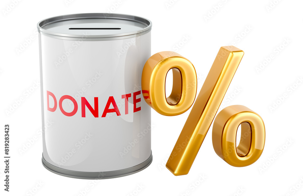 Poster donation can with percent sign, 3d rendering isolated on transparent background
