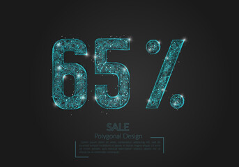 Abstract isolated blue 65 percent sale concept. Polygonal illustration looks like stars in the blask night sky in spase or flying glass shards. Digital design for website, web, internet.