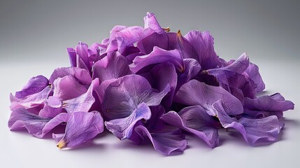   A purple pile of flowers rests atop a white table, near a monochrome photo of a feline