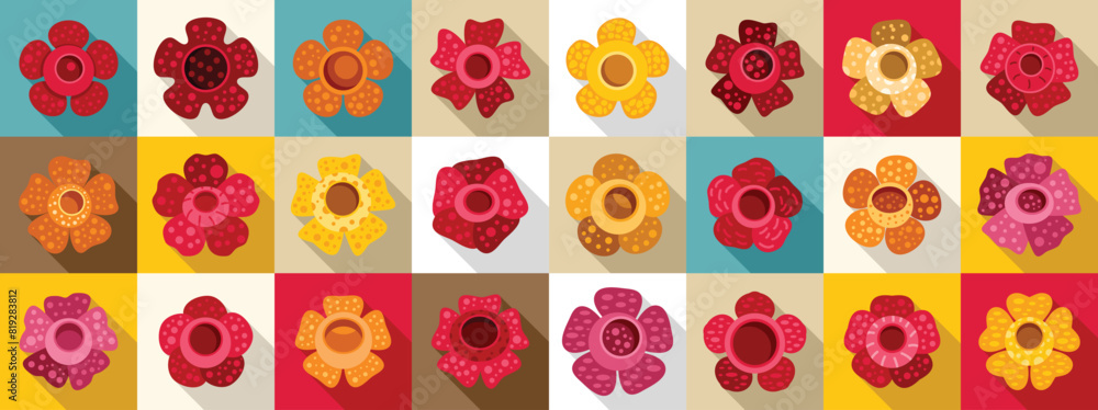 Poster rafflesia flat vector icons. a colorful array of flowers in a grid pattern. the flowers are of vario