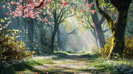   A painting depicts a path through a forest, surrounded by pink trees and illuminated by the sun