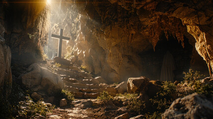 A cross on the entrance of a cave. Sunlight coming from outside. Symbolizing the purity and...