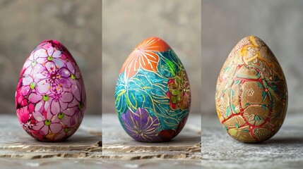   A trio of colored eggs rests atop a wooden table beside one another