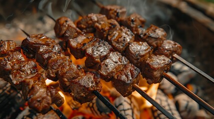 Grilled meat on wooden sticks over an open fire, kebabs in the style of Chinese style with beef and lamb closeup, selective focus. Close up of some meat skewers being grilled in a barbecue.