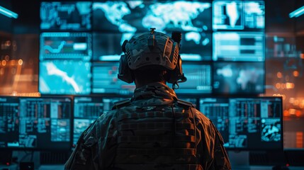 A military operator in tactical gear looks at a control room with multiple screens. Military man wearing a helmet and with headphones looks at the monitors. Command center and strategy concept.