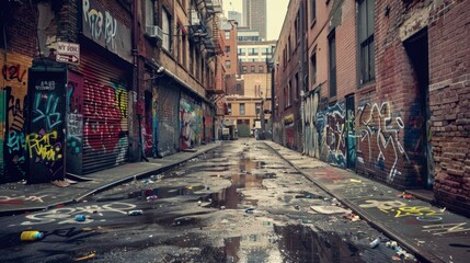 Fototapeta premium Poor neighborhood, walls covered in graffiti, dirty street
