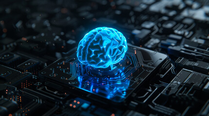 glowing blue brain floating on top of a black futuristic circuit board, against a black background