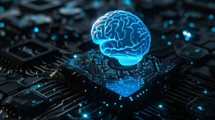 glowing blue brain floating on top of a black futuristic circuit board, against a black background
