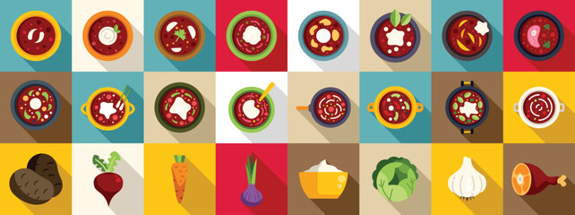 Borsch flat vector icons. A collection of food items in various shapes and sizes, including carrots, broccoli, and potatoes. Concept of abundance and variety