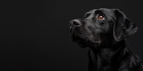 Fototapeta premium Portrait of a black labrador dog, photo studio set up with key light, isolated with black background and copy space