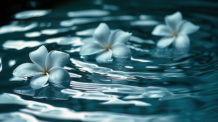   A cluster of white blooms bobbing in a pond, dotted with splashes