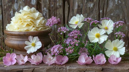   A white and pink flower-filled vase sits beside a pink and white flower pile, near a wooden fence