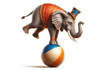 A circus elephant balancing on a ball Isolated on white background