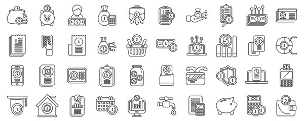 Family budget outline icons. A collection of money related icons including a piggy bank, a wallet, a calculator, and a clock