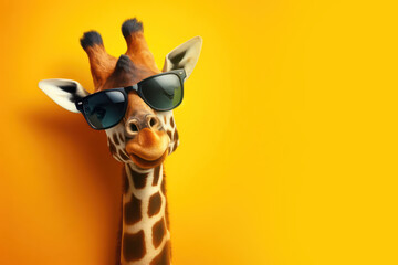 Obraz premium giraffe wearing sunglasses Isolated on yellow bright background