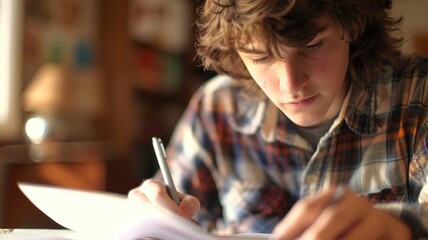 Young Caucasian male focused on writing in notebook indoors