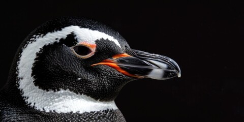 Naklejka premium Portrait of a happy penguin, photo studio set up with key light, isolated with black background and copy space.